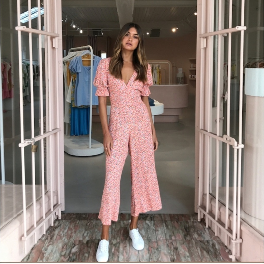 Faithfull The Brand Anka Jumpsuit Orange Pink Floral